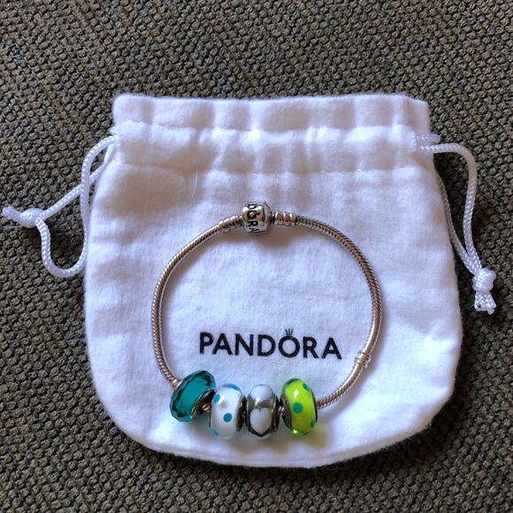Auth Pandora Bracelet w/ 4 Pandora Murano Charms